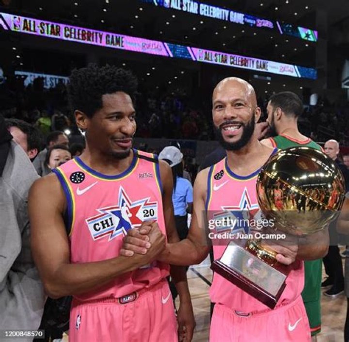 Team Wilbon's Common, right, is defended by Team Stephen A's Chance The Rapper during the first half of the NBA Celebrity All-Star basketball game Friday, Feb. 14, 2020, in Chicago. (AP Photo/David Banks)